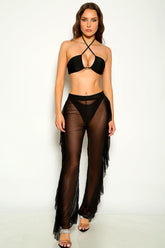 Black Halter Cheeky Mesh Pants Three Piece Swimsuit Set Areous